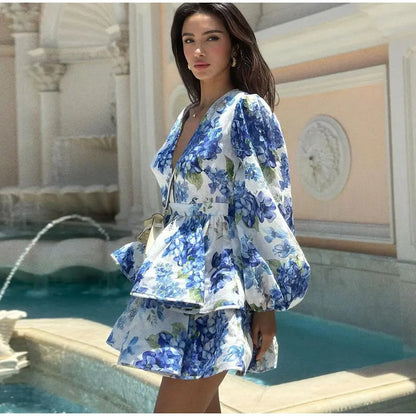 Backless Party Dress Women Elegant 3D Flower Print Sling Lace Up Ruffle A-line Mini Evening Dresses Female 2025 Summer Swimwears - Smarsty