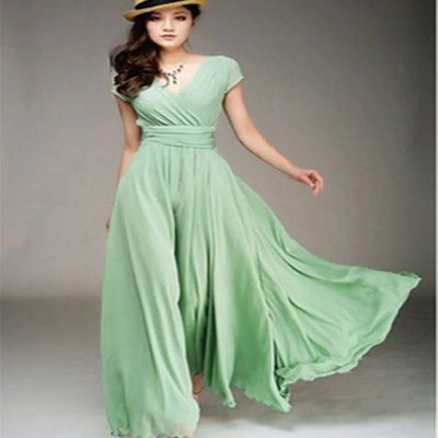 Women's Short-Sleeved Chiffon Evening Dress, Female Party Dress, Monochromatic, Bohemian, Long, Elegant, New, 2022 - Smarsty