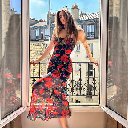 Flowers Print Spaghetti Strap Dresses Women Temperament Package Hip Bodycon Long Dress Fashion Sexy Backless Lady Slim Vestidos
