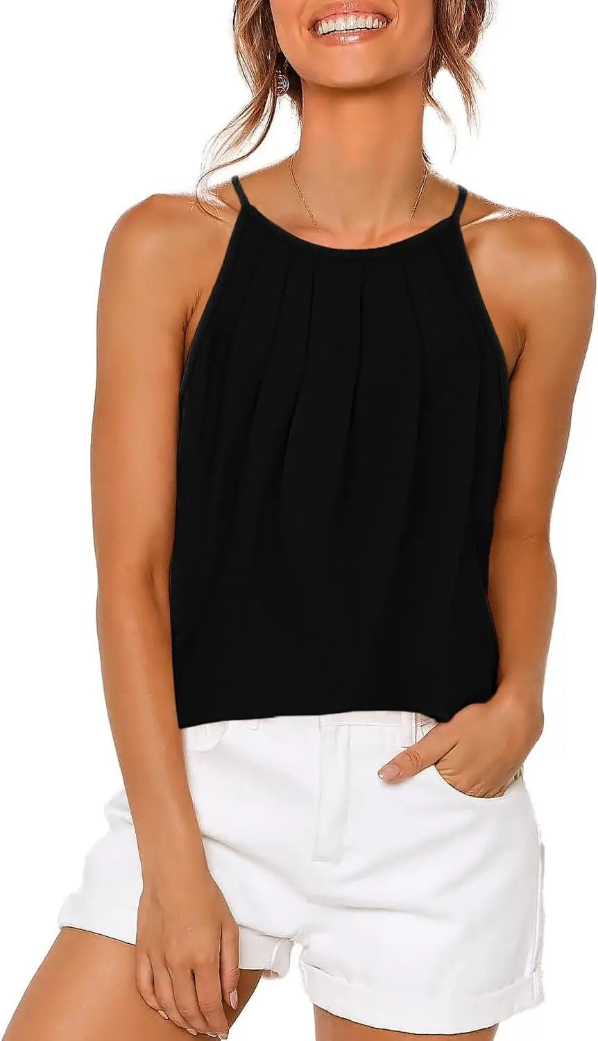 Womens Pleated Tank Tops Spaghetti Strap Camisole Halter Tops Curved Hem Fashion 2024