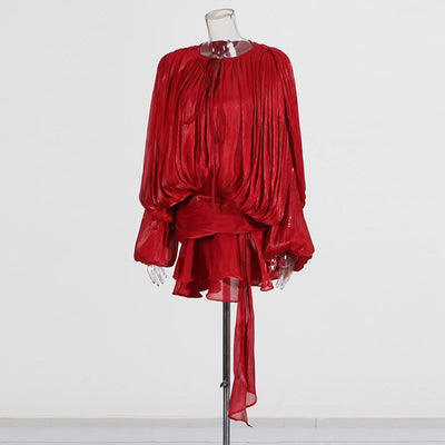 TWOTWINSTYLE Elegant Ruched Mini Dress For Women Round Neck Lantern Long Sleeve High Waist Temperament Dresses Female Fashion - Smarsty