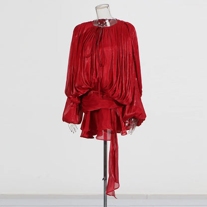 TWOTWINSTYLE Elegant Ruched Mini Dress For Women Round Neck Lantern Long Sleeve High Waist Temperament Dresses Female Fashion