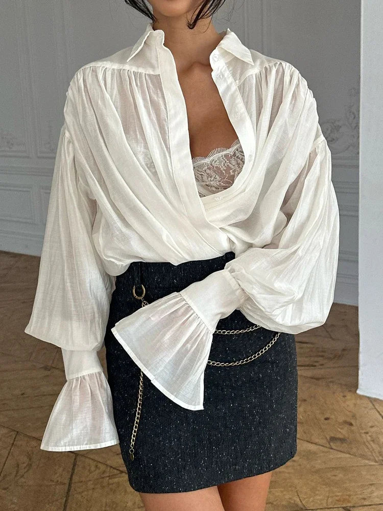Tossy Casual Loose See-Through Shirts Women's Autumn Lapel Long Sleeve Patchwork Blouse Top Streetwear Female Solid Shirts Top - Smarsty