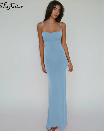 Hugcitar 2025 Spring Solid Sleeveless Backless Elegant Sexy Bodycon Y2K Maxi Prom Dress Women Clothes Birthday Party Casual Y2K - Smarsty