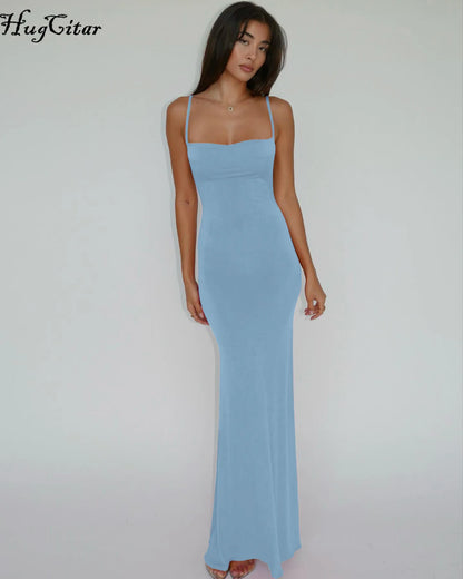 Hugcitar 2025 Spring Solid Sleeveless Backless Elegant Sexy Bodycon Y2K Maxi Prom Dress Women Clothes Birthday Party Casual Y2K