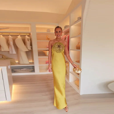 Elegant Party Women's Dress 3D Flower Halter Sleeveless Backless Mermaid Satin Female Dresses 2025 Summer Chic Evening Lady Robe - Smarsty