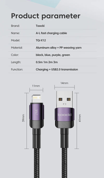 Toocki USB Cable For iPhone 14 13 12 Pro Max X XS XR 8 7 Plus iPad Fast Charging Charger Aluminum iP Cable For iPhone Data Cord - Smarsty