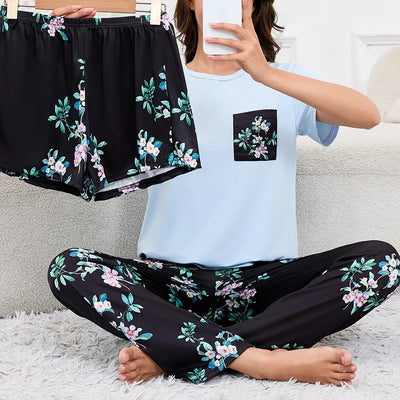 Women's Short Sleeve Crew Neck Top With Shorts And Pants 3 Piece Loungewear Sleepwear Lounge Sets Nighty Print Casual Pajama Set - Smarsty