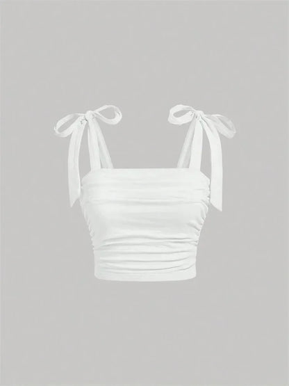 Solid Tie Shoulder Ruched Wide Strap Slim Fit Crop Top Women Clothing Summer 2025 Y2K Clothes Pink Backless Camis Top Streetwear