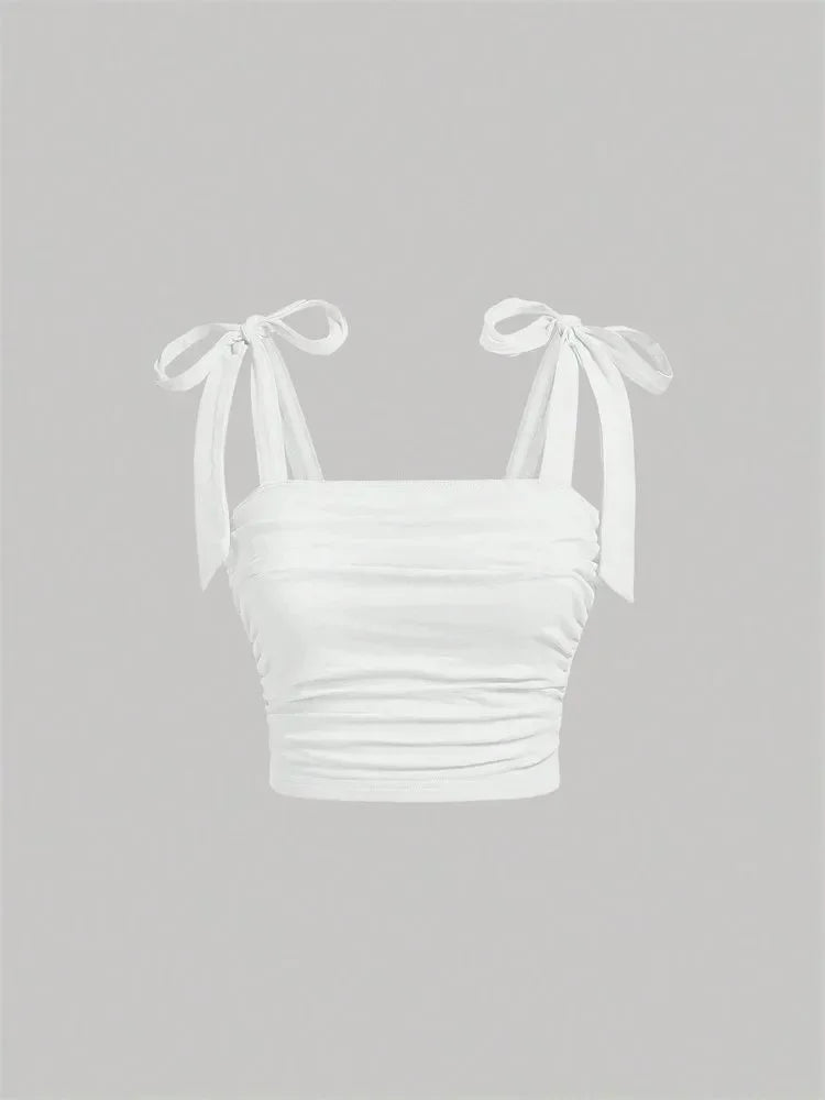 Solid Tie Shoulder Ruched Wide Strap Slim Fit Crop Top Women Clothing Summer 2025 Y2K Clothes Pink Backless Camis Top Streetwear