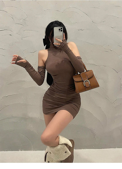 2025 New Women's Mini Dress Sleeveless Pleated Skinny Dress High Neck Lace Up Autumn Black Tight Elastic Party Tank Dresses - Smarsty