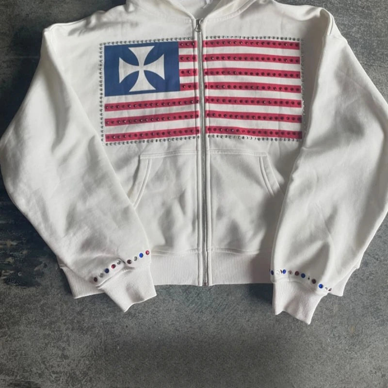 Autumn and winter new minimalist design color collision pattern women hooded sweatshirt Harajuku Y2k loose zipper sweatshirt