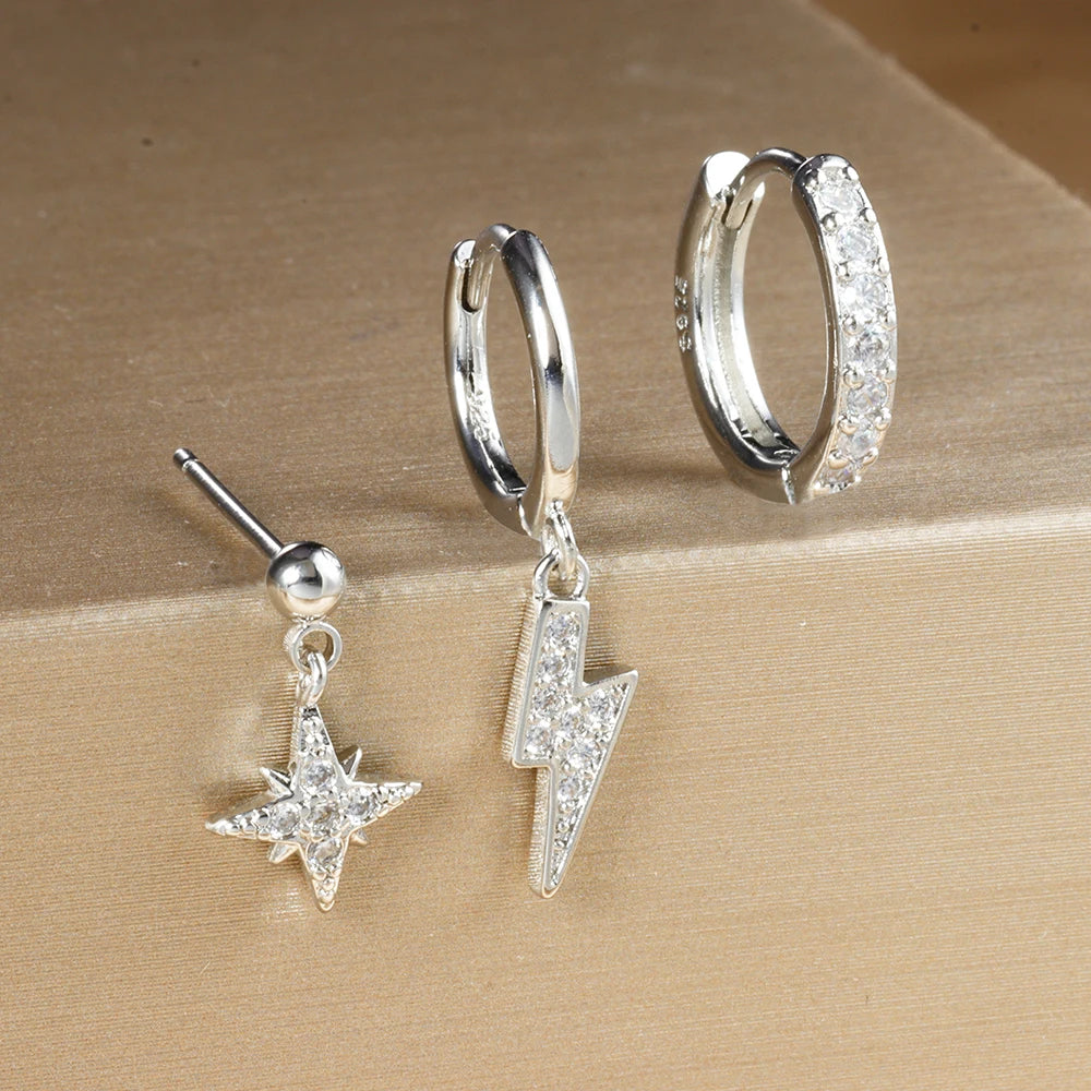 3Pc Stainless Steel Star Stud Earrings Sparkling Zircon - Smarsty