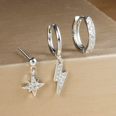 3Pc Stainless Steel Star Stud Earrings Sparkling Zircon - Smarsty