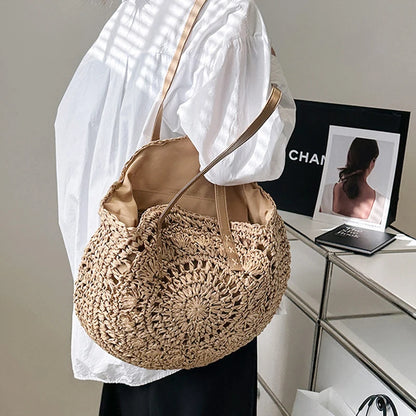 Round Straw Beach Tote for Women Large Capacity Bag - Smarsty