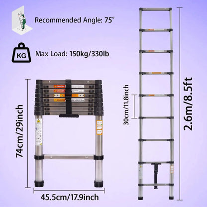 DayPlus Telescoping Ladder Stainless Steel Folding Ladder Portable Extendable Loft Ladder Capacity Max Load 150kg/330lb,EN131