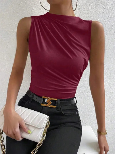Fashion Casual Mock Neck Ruched Tank Top for Women Summer 2024 Solid Color Pleated Sleeveless Tee Shirt Tshirt Streetwear Y2K - Smarsty