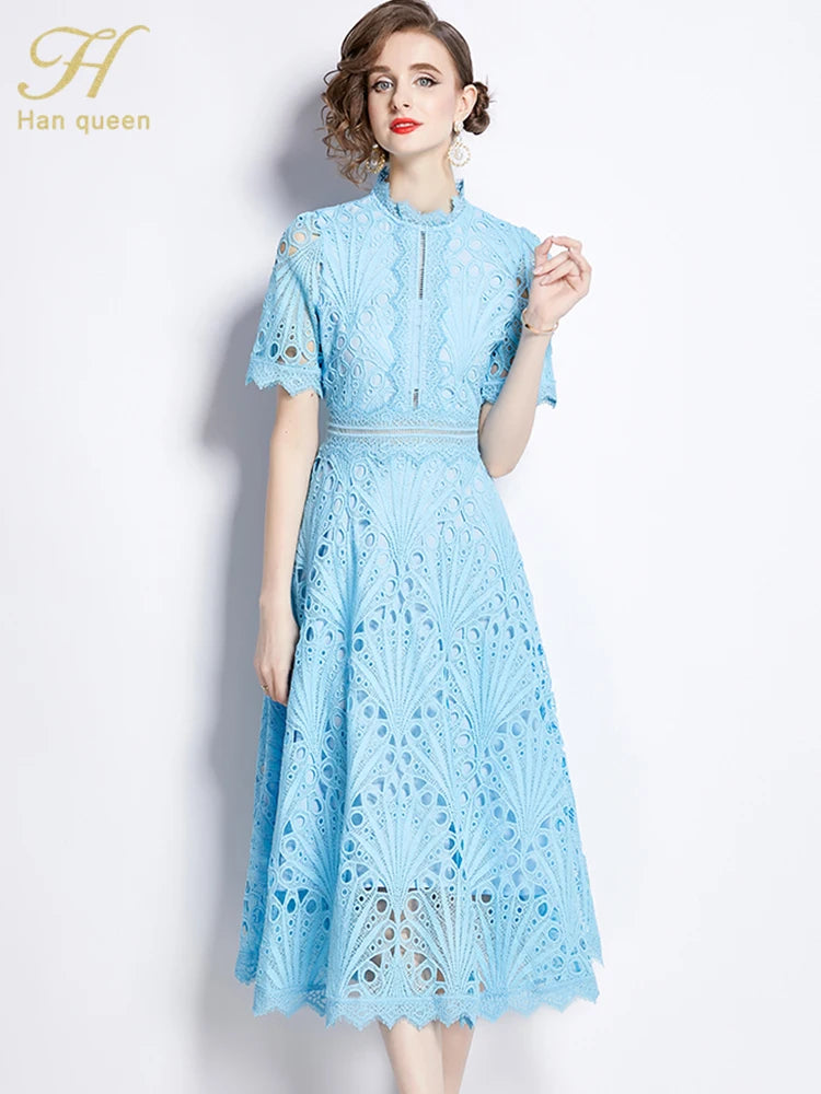 H Han Queen Spring New Elegant Casual Work Party Dresses Floral Crochet Hollow Out Lace Patchwork Casual Office Midi Dress - Smarsty