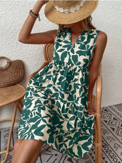 Women Boho Print Mini Dress Summer Elegant Sleeveless V Neck Ruffle A Line Tank Dress Casual Loose Oversize Beach Party Sundress - Smarsty