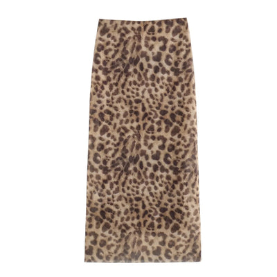 Women Leopard Tulle Midi Skirt 2024 Summer Fashion High Waist Elasticated Waistband Long Skirts Streetwear - Smarsty