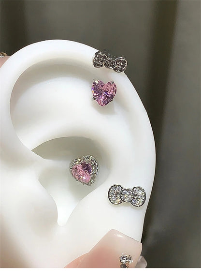 Stainless Steel Heart Bowknot Zircon Stud Earrings Cute - Smarsty