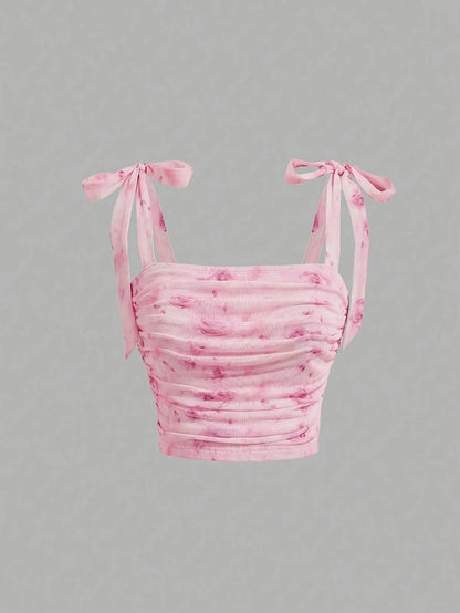 Solid Tie Shoulder Ruched Wide Strap Slim Fit Crop Top Women Clothing Summer 2025 Y2K Clothes Pink Backless Camis Top Streetwear