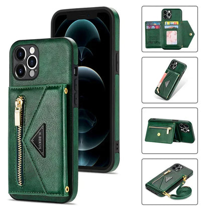 Zipper Wallet Phone Case For iPhone 17 Air 16 Plus 16E 15 Pro Max Leather Card Back Crossbody Strap Leather Magnetic Wallet Phone Case by Smarsty