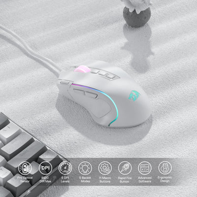 Redragon M612 Predator RGB Gaming Mouse 8000 DPI Wired Optical with 11 Programmable Buttons, White - Smarsty