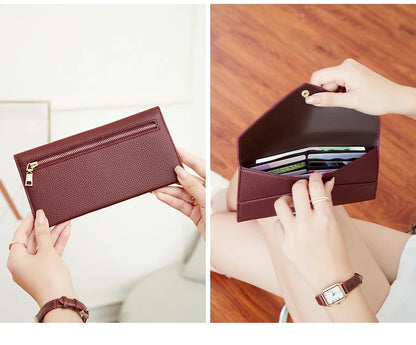 RFID Anti-Theft Purse for Women, Lychee Print, Soft Leather, Envelope Long Wallet, Ultra-thin, Portable, Simple Hand Bag