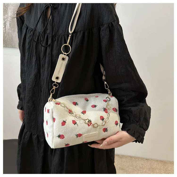 Corduroy Underarm Bag For Women Strawberry Print Mini Tote - Smarsty