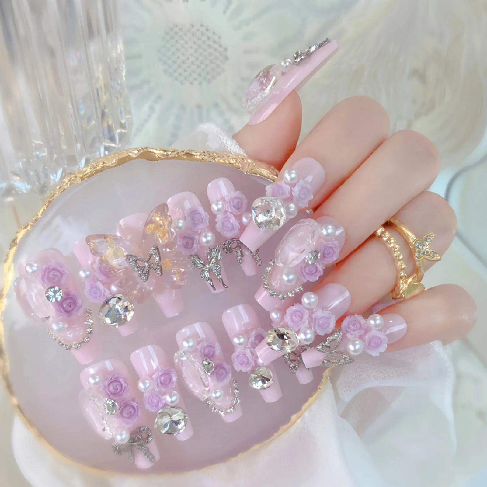 24pcs Pink Crystal Bow Press On Nails for Girls - Smarsty