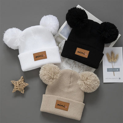 3pcs Breathable Stretchy Infant Knit Beanie with Heart Pompoms | Hand Washable, Mixed Colors
