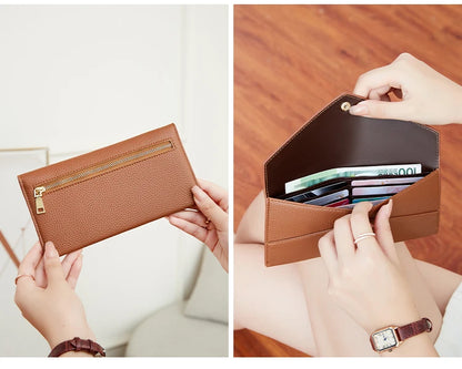 RFID Anti-Theft Purse for Women, Lychee Print, Soft Leather, Envelope Long Wallet, Ultra-thin, Portable, Simple Hand Bag
