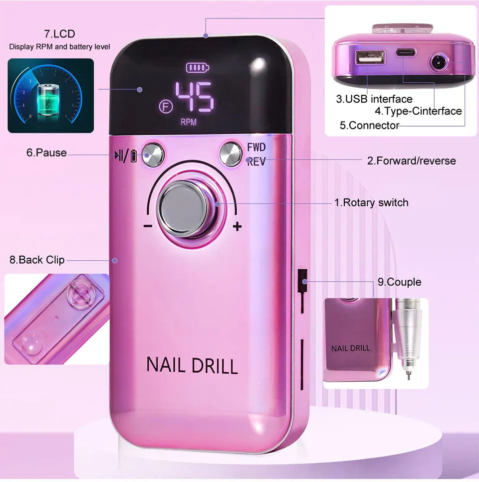 Professional 45000RPM Electric Nail Drill Machine Portable Manicure Tool - Smarsty