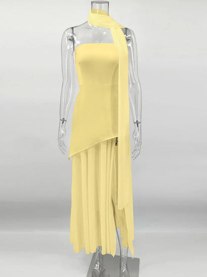 TARUXY Fashion Strapless Dress With Ribbon Female Elegant Sleeveless Mesh Beach Vacation Long Dress 2025 Spring New Women Dress