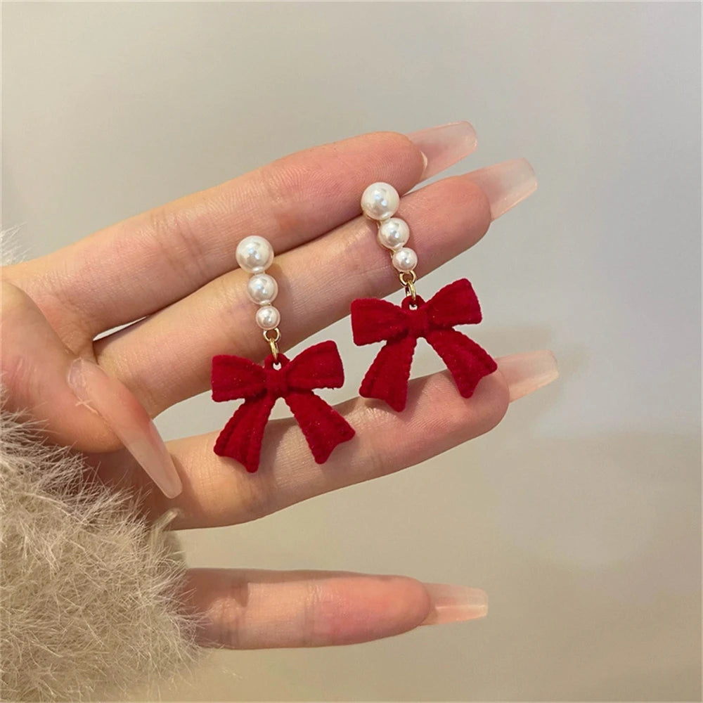 Red Black Bowtie Earrings with Simulated Pearls for Women - Smarsty