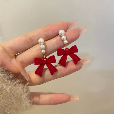 Red Black Bowtie Earrings with Simulated Pearls for Women - Smarsty