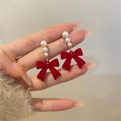 Red Black Bowtie Earrings with Simulated Pearls for Women - Smarsty