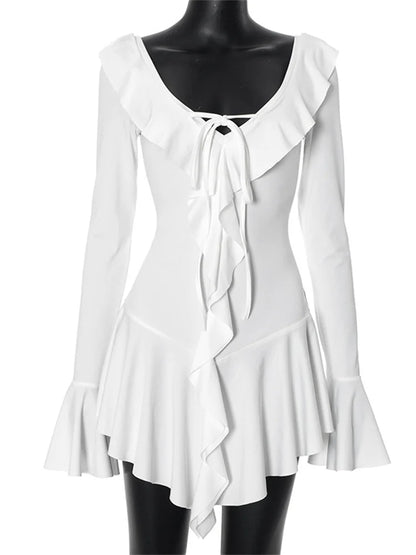 Ruffled Lace-Up White Mini Dress Women's V-Neck Patchwork Long Sleeve Sexy Slim Dress Bandage Elegant Female Summer Dress - Smarsty