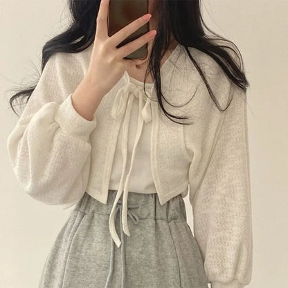 White Knitted Cardigan for Women Summer Thin Sunscreen Lace-Up Knitwear Tops Female Fashion Korean Lantern Sleeve Short Coat - Smarsty
