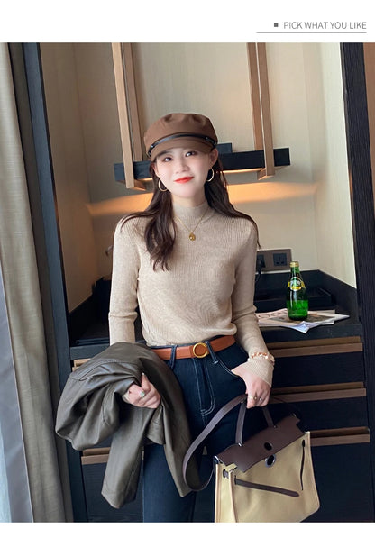 Autumn Winter Mock Neck Women Sweater Vintage Basic Solid Knitted Korean Tops Casual Slim Pullover Sweaters Simple Chic Jumpers - Smarsty