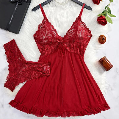 ALLTOOALL Women's Sleepwear Underwear Transparent Sexy Lace Red Lingerie Pijamas Sets Nightdress And Panty Female Nighty Clothes - Smarsty