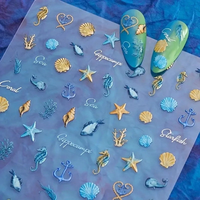 5D Summer Beach Nail Stickers with Shiny Sea Designs - Smarsty