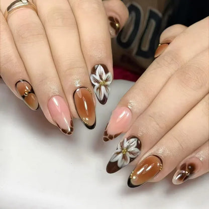 Colorful Press On Almond Nails Set with Pearl Flowers - Smarsty