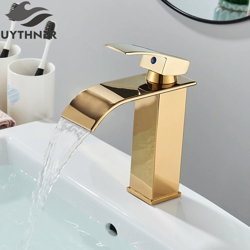 Brushed Gold Waterfall Bathroom Sink Faucet Mixer - Smarsty