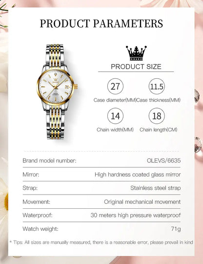 OLEVS Ladies Automatic Wristwatch Waterproof Stainless Steel - Smarsty