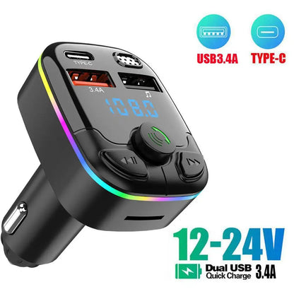 Bluetooth 5.0 Car FM Transmitter PD Type-C Dual USB Ambient Player Handsfree MP3 Charger Type-C Wireless Light PD QC3.0 Adapter - Smarsty