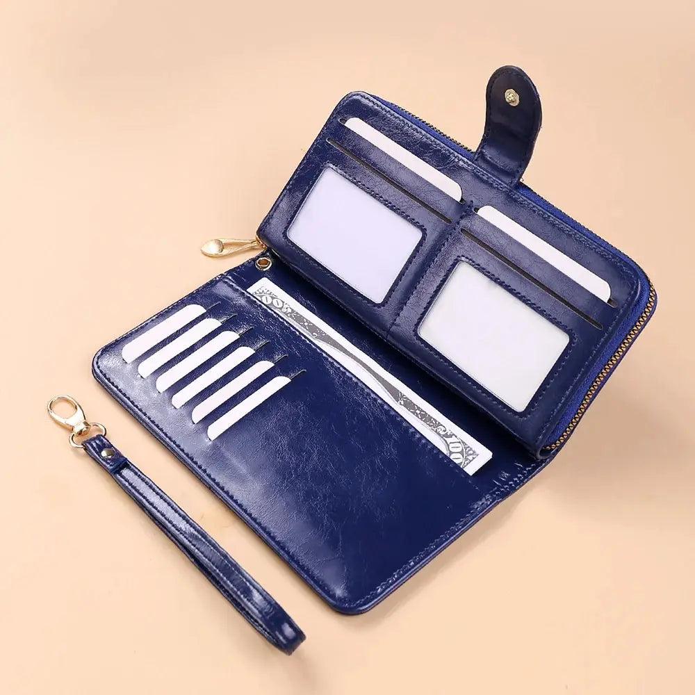 Women's Vintage Oil Wax PU Leather Clutch Wallet Female Large Capacity Phone Purse Ladies Wristband Simple Card Holder Pouch Bag - Smarsty