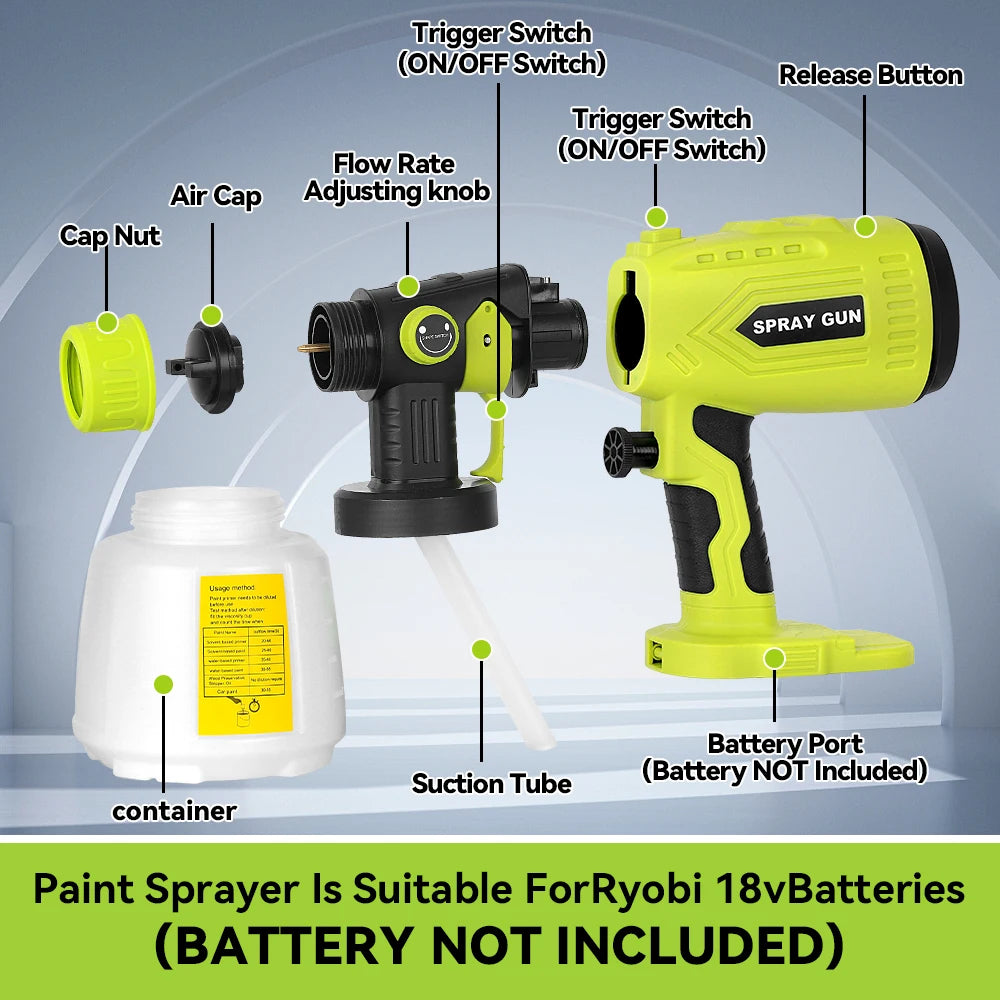 200W Cordless HVLP Paint Sprayer for Ryobi 18V ONE+, 4 Nozzles, 3 Patterns, 1000ML Container, Handheld Spray Gun (No Battery)