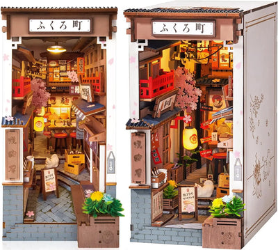 Robotime Sakura Wine Alley DIY Booknook with Lights DIY Miniature Dolls House Kit 3D Wooden Puzzle Bookend Bookshelf Decor Gift by Smarsty